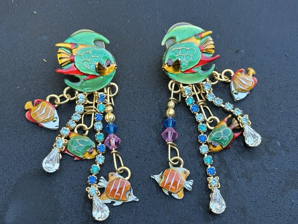 Lunch at the Ritz Fish Enamel Gold Silver Pierced Earrings - Image 1 of 4