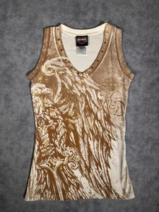 Camiseta sin mangas Harley Davidson Y2K para mujer Eagle marrón y crema metálica dorada tachonada AO - Imagen 1 de 6
