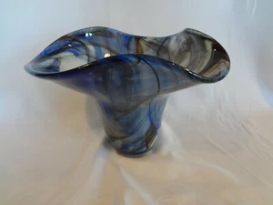 Swirling Blue Brown 7" Flared Hand Blown Art Glass Vase 1994 by Tom Boyd - Picture 1 of 12