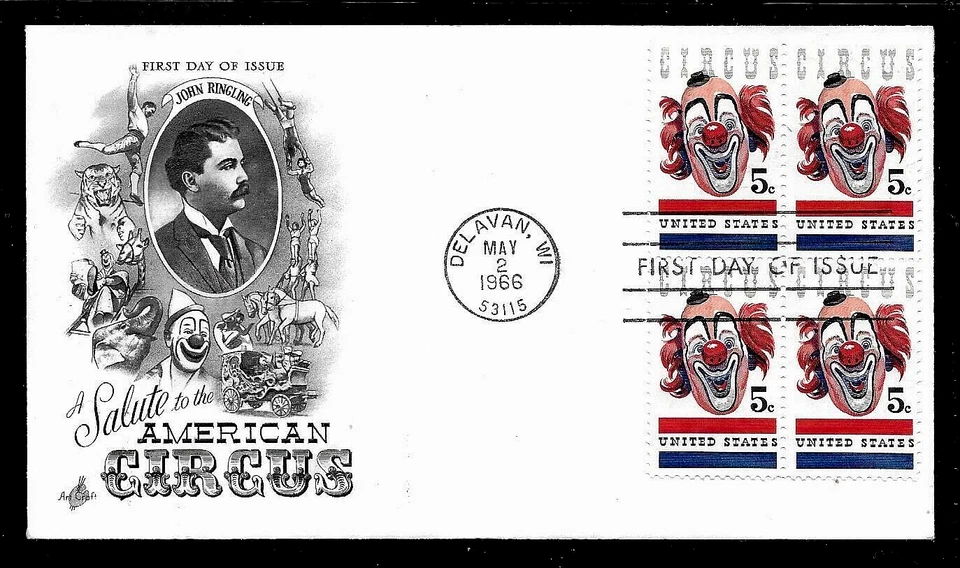 1309 5c Stamp (1966) GREAT CIRCUS CLOWN LOU JACOBS FDC FROM ART CRAFT !!! - Image 1 of 1