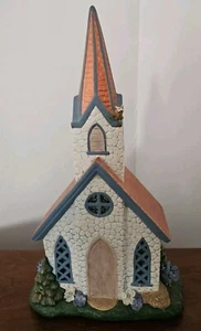 Vintage Keramik Kirche Kapelle Weihnachten handbemalt beleuchtet Kirche mit Eule 17" hoch - Bild 1 von 9