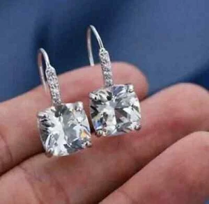 4Ct Cushion Cut Lab-Created Diamond Drop Dangle Earrings 14k White Gold Plated - Picture 1 of 6