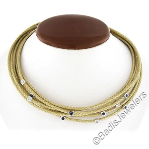 18k Solid Gold Woven Multi Strand Wide Collar Necklace w/ Sapphire & Diamonds - Picture 1 of 9