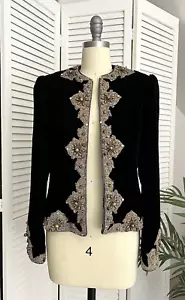 Vintage Oscar De La Renta Size 8 Black Velvet Gold Embellished Bolero Jacket - Picture 1 of 9