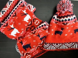 Old Navy Fair Isle Knit Beanie Hat And Scarf Set Child Small Medium Red Lama - Picture 1 of 4