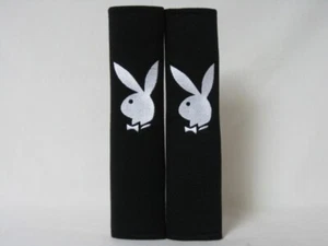 2 pcs (1 PAIR) Playboy Embroidery Seat Belt Cover Shoulder Pads (White on Black) - Picture 1 of 1