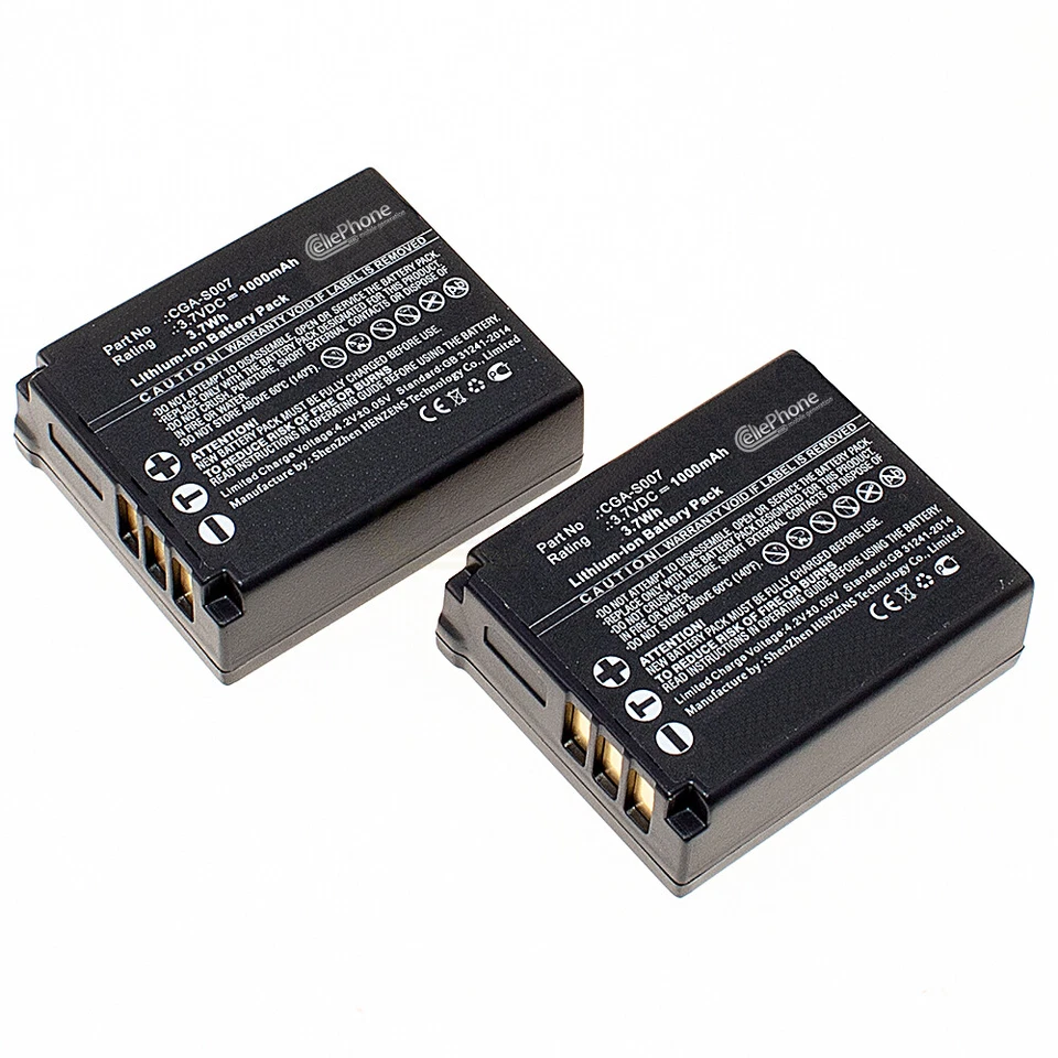 CELLEPHONE 2er Set Akku Li-Ion für Panasonic Lumix DMC-TZ1 TZ2 TZ3 TZ4 TZ5 - 1000mAh 3,7V