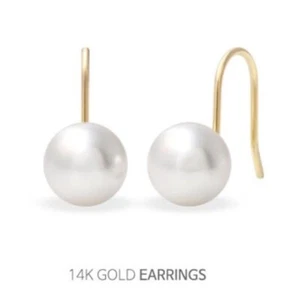 JNK 14K Solid Yellow Gold a Pair of Earrings Bianca Pearl 8mm Hook Drop Dangle  - Picture 1 of 5