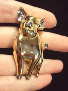 little happy smiling Pig shiny gold + silver pin brooch figural pigs piglet LC - Picture 1 of 4