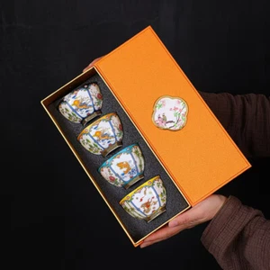 4pcs Retro Hexagonal Cloisonné Tea Cup (Fortune-Gathering Design) - Picture 1 of 16