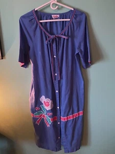 Vintage Smart Time Small Duster Robe House Dress Blue Snap Up Flower Union Made - Picture 1 of 13