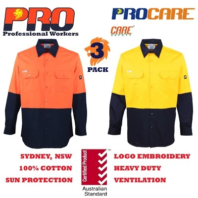 3 pack Hi Vis Work Shirt vented Cotton Drill Long Sleeve Safety WORKWEAR UNIFORM - image 1 of 4