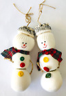 2 Crafty Snowmen Made From Socks Vintage Buttons Knit Hats Embroidered Faces 10"