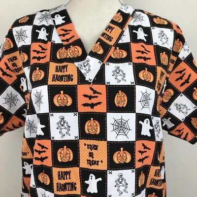 Comfy Cotton Scrub Halloween Trick Or Treat Spider Web Skeleton Pumpkins  Sz M - Image 1 of 4