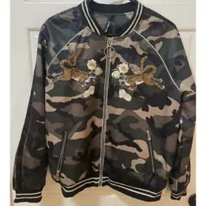 Elli White Camo Bomber Satin Jacket With Embroidered Tigers Size M/L - Picture 1 of 8