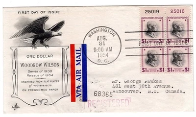 #832c Presidential Series $1 Woodrow Wilson 1938 FDC - ArtCraft to Canada - Image 1 of 2