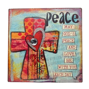 PEACE Metal Wall Art Plaque Cross w/ Bling Heart & Prayer Message - Rustic Decor - Picture 1 of 5