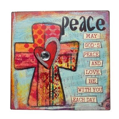 PEACE Metal Wall Art Plaque Cross w/ Bling Heart & Prayer Message - Rustic Decor - Image 1 of 4