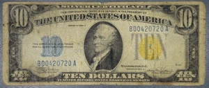 1934-A $10 SILVER CERTIFICATE WW II North Africa Yellow Seal Fr#2309 Gr:G+ A5635 - Picture 1 of 2