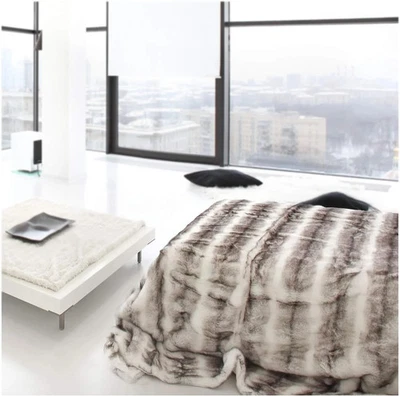 Eikei Double Sided Faux Fur Throw Blanket Soft Oversized Chinchilla Stripe NEW - Image 1 of 4