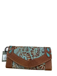 Myra Handtaschen Stay Positive S-4907 braun & türkis Blumen Leder Geldbörse Neu mit Etikett - Bild 1 von 5