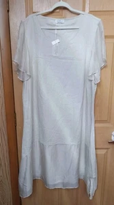 ESTELLE Womens Sz 4x Aus 22 Beige Linen & Silk Dress Short Flutter Sleeves - Picture 1 of 12