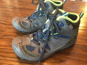 Merrell Boys Boots Youth 3 M Capra Mid Leather Hiking Winter Gray Blue Ankle - Picture 1 of 6