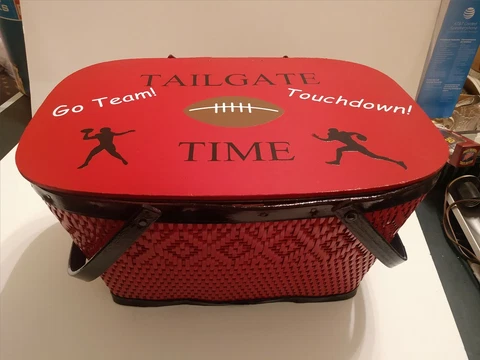 Red and Black Hand Decorated Football Team Tailgate Woven Wood Picnic Basket Cover
