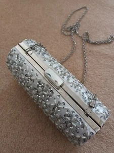 Silver beaded clasped box frame chain strap lined evening bag. NWT - Picture 1 of 4