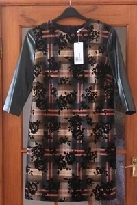 Ladies Size 14 Black/Orange Check Dress with Stretch Pleather Sleeves - NWT - Picture 1 of 5