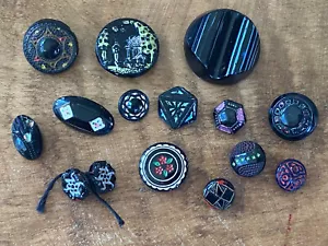 15 vintage painted glass buttons, painted designs, floral, scenic, geometric - Picture 1 of 10