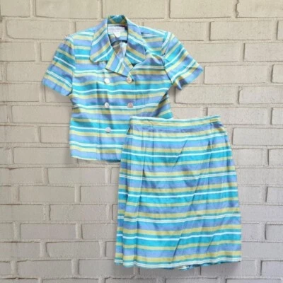 复古 80 年代 90 年代套装上衣 + 裙条纹两件配套 Jessica Howard 尺码 10 — 第 1/4 张图片