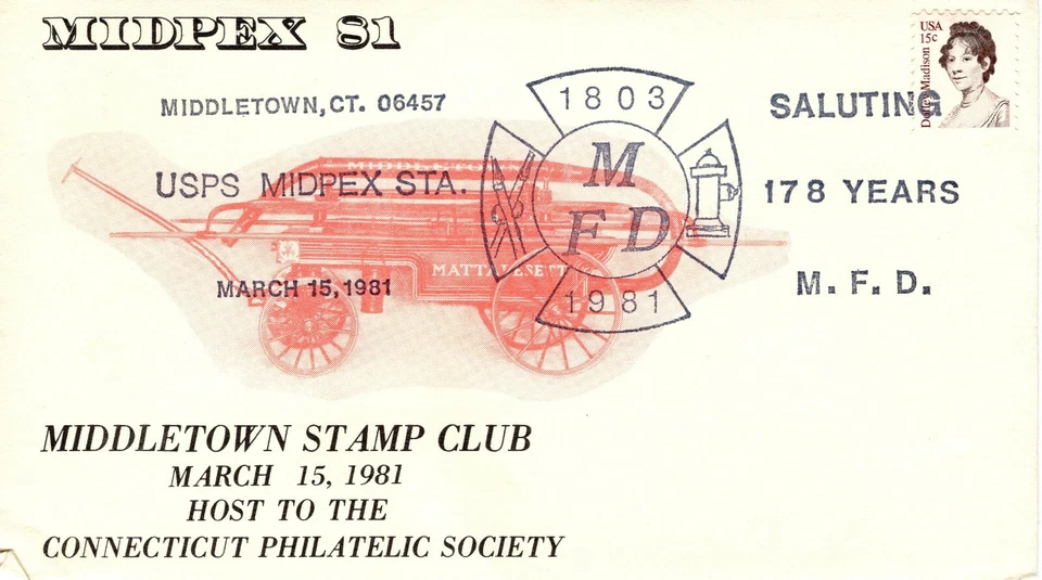MIDDLETOWN FIRE DEPT., MIDDLETOWN, CT  1981 FDC9075 - Image 1 of 1
