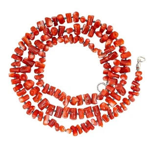 Genuine Undyed Red Branch Chunks Coral Hand Knotted Necklace 20” 16 G Sterling - Picture 1 of 9