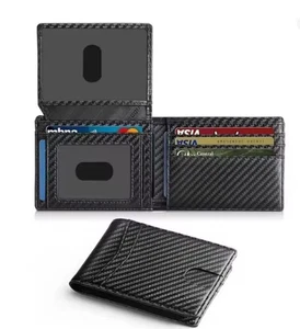 Men's Wallet Ultra Thin Rfid Leather with ID Window Carbon Fiber Wallet - Picture 1 of 7