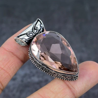 Morganite Gemstone Handmade 925 Sterling Silver Jewelry Gift Pendant 1.89" V793 - Image 1 of 4