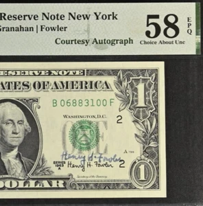1963A $1 Federal Reserve Note PMG 58EPQ - Courtesy Autograph Henry H. Fowler - Picture 1 of 3