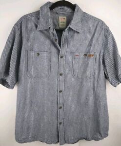 Dickies Men Button Up Shirt XL 42-44  Blue White Striped Short Sleeve Workwear