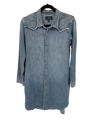 Lucky Brand Denim Shirt Dress Womens Small Blue Cotton Snap Front Pockets Fringe - Image 1 of 4