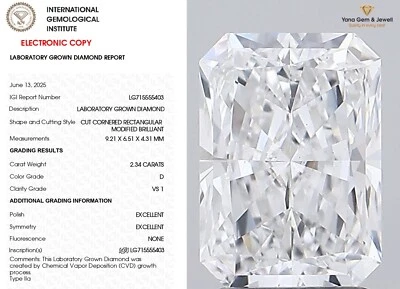 IGI Certificate CVD 2.34 CT Lab Grown Radiant Shape Diamond D Color VS1 Clarity - Image 1 of 4