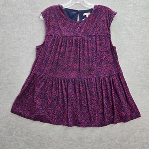 Juicy Couture Women Top Large Red Floral Blouse Tiered Keyhole Sleeveless - Picture 1 of 10