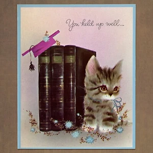 Tarjeta de felicitaciones de graduación Norcross vintage sin usar, lindos libros de gatito gato - Imagen 1 de 6