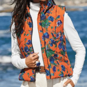 Peruvian Connection Orange Floral Pockets Full Zip Puffer Vest Jacket Small - Picture 1 of 6