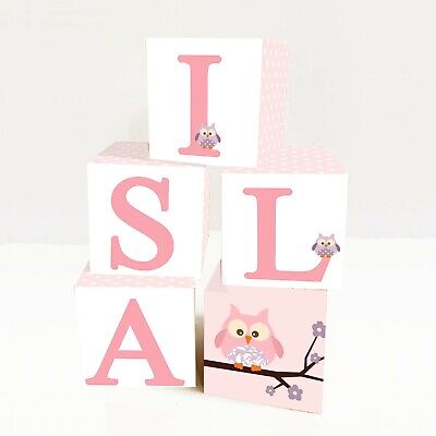 WOODEN LETTER NAME BLOCKS CUSTOM Personalised  Pink Owls Girls Baby Nursery • 64.60$