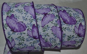 Wired Ribbon~Cottage Purple Butterfly~White~Blue Flower~2.5"~Wreath~Gift~Bow - Picture 1 of 1