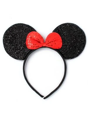 Sparkly Black Minnie Mouse Ears Alice Band Hair Headband Red Sequin Bow