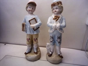 German Bisque Figurines pair Girl with cat and school Boy 22 cm - Picture 1 of 7