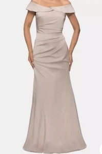 La Femme Off the Shoulder Satin Evening Gown in Champagne| Size 10 - Picture 1 of 1