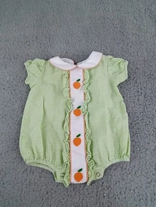 Lulu Bebe Size 3 Months Green Seersucker Peach Bubble Romper One Piece Outfit - Picture 1 of 10