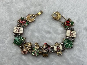 Vintage Tofa Gold Tone Enamel Christmas Slider Charm Bracelet Santa Snowman Bell - Picture 1 of 7